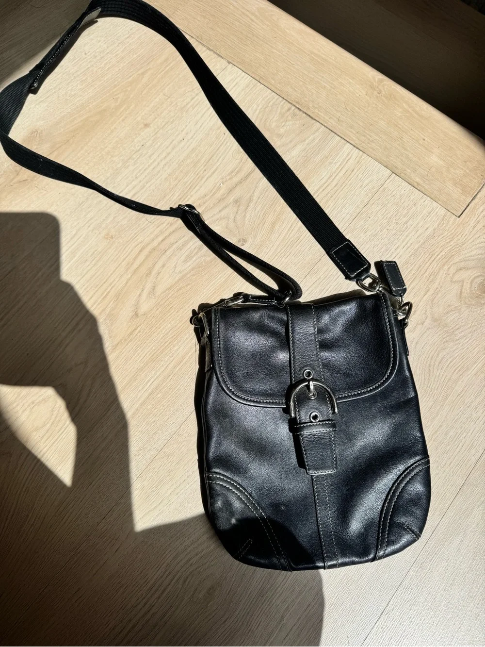 Black Coach Leather Crossbody Bag with Buckle Detail
